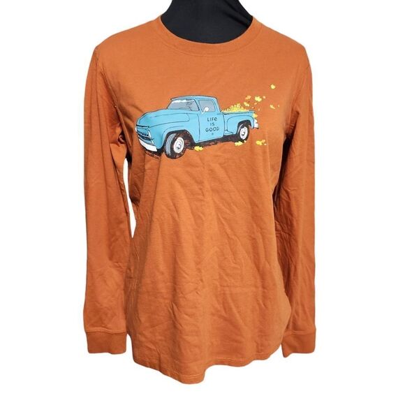 Life Is Good Tops - Life is Good Shirt Womens Medium Fall Orange Leaves Blue Truck Farm Long Sleeve